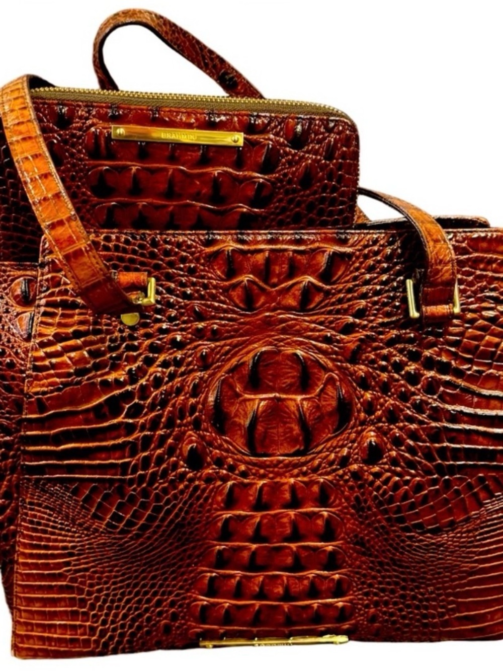 Brahmin Priscilla Satchel & Suri Wallet Melbourne pattern Pecan color 2pc Set